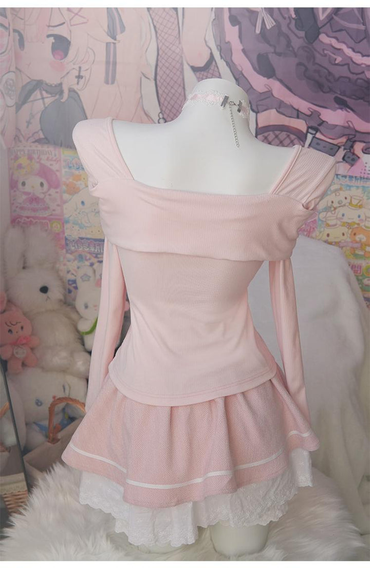 Kawaii Outfit Set Sweetheart Cat Pink Top Bow Skirt Set 41304:695338