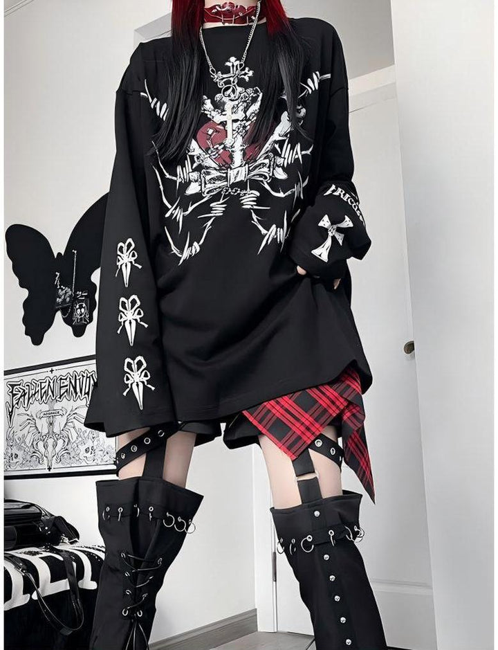 Gothic T-Shirt Black Bone Crown Printed Long Sleeve Top 42288:736272