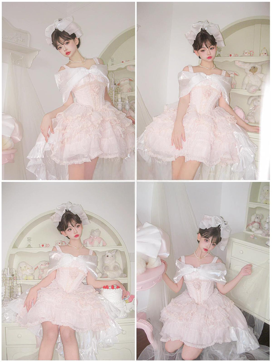 Elegant Pink Lolita Prom Dress Off-Shoulder with Bow and Flowing Train 38096:627952