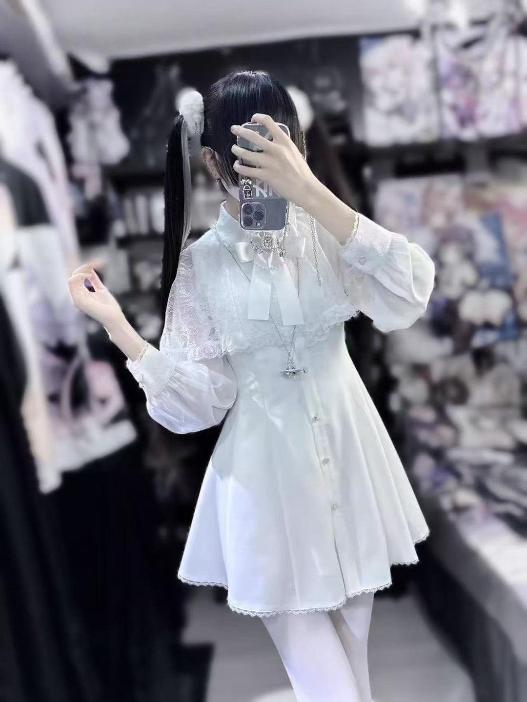 Lace Cape-Inspired Ryousangata Dress (White / L M S XS) 43863:787947
