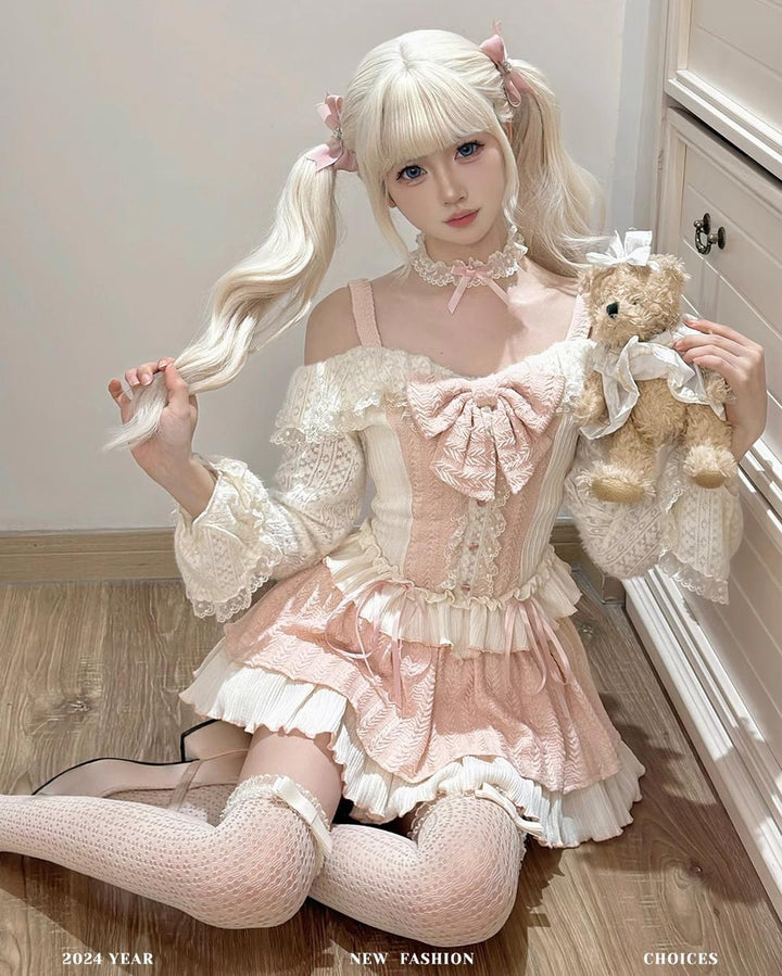 Gyaru Fashion Outfit Sets Sweet Pink Top And Skirt Set 37006:546086