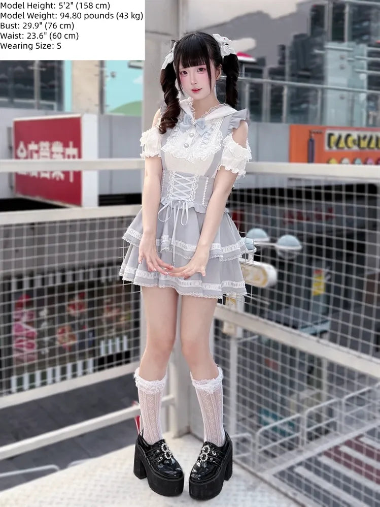Ryousangata Bunny Ear Hooded Blouse, Tiered Suspender Skirt 45575:858513