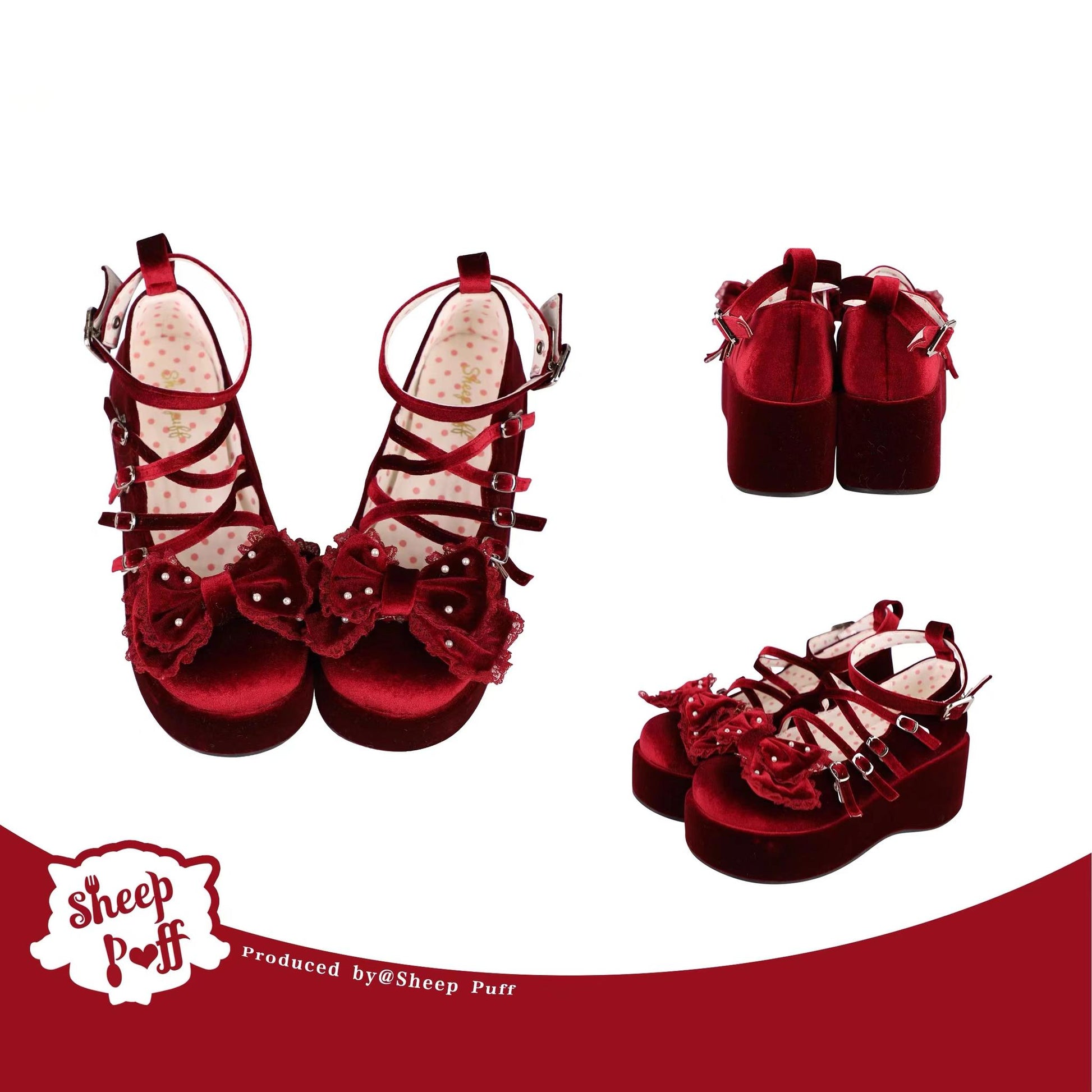 Lolita Shoes Velvet Platform Shoes Lace-up Mary Jane Shoes (Red / 34 35 36 37 38 39 40 41) 37022:544036