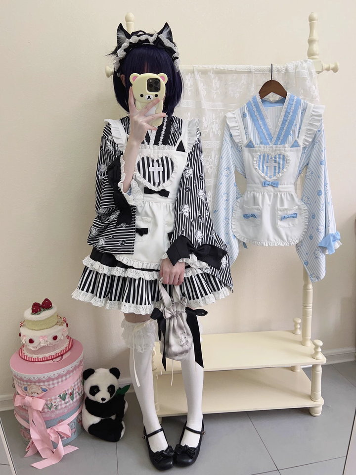 Kimono Lolita Blouse Striped Housemaid Skirt Set 37640:609488