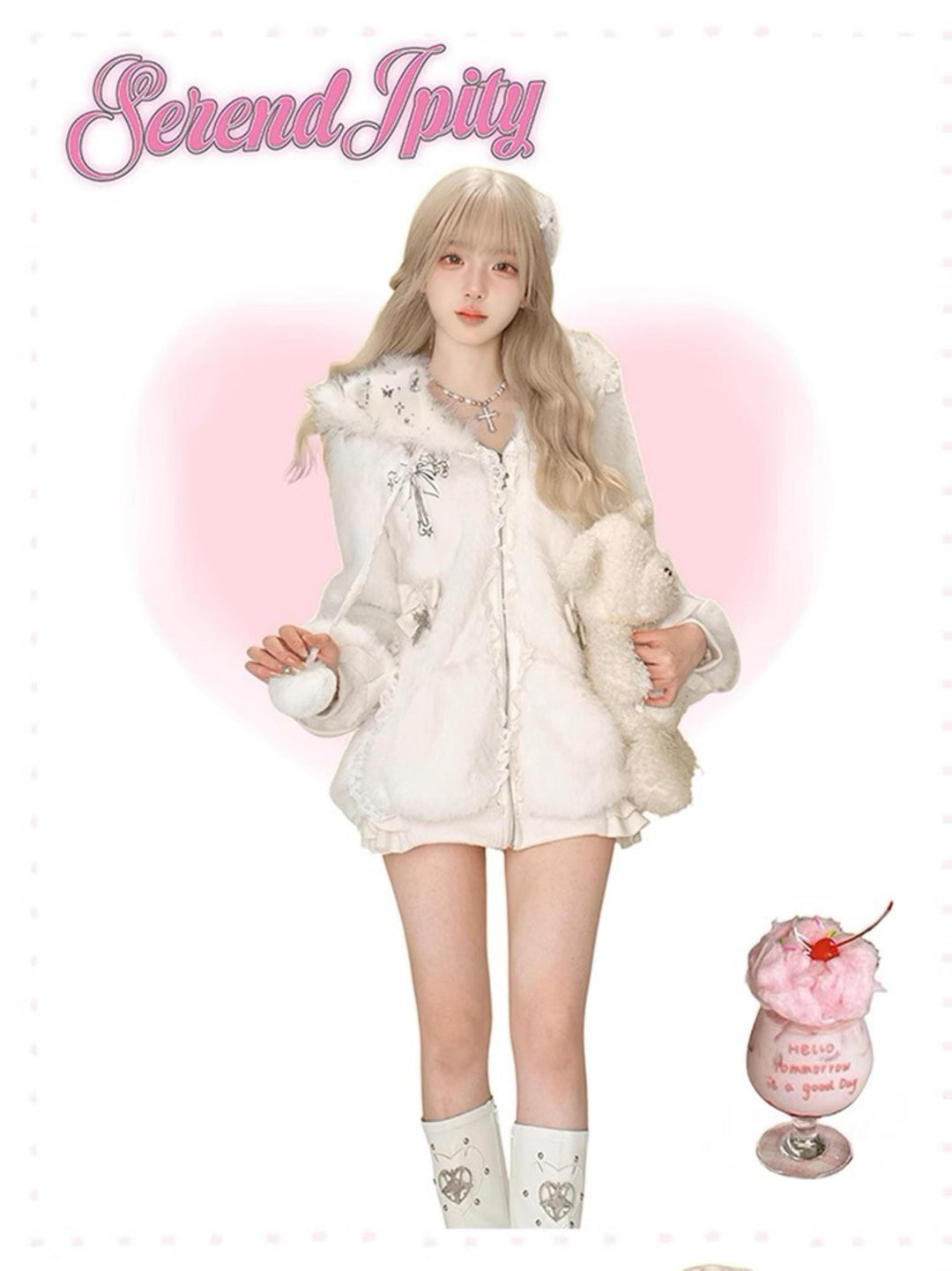 Subculture Winter Coat White Plush Cat Ear Coat And Tiered Skirt 41122:692090