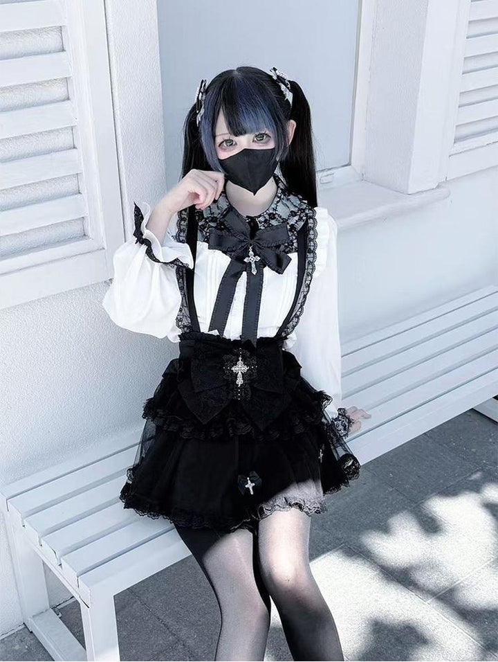 Plus Size Jirai Kei Cross Skirt Set, Detachable Suspender 43761:784958