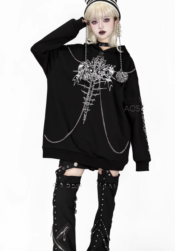 Jirai Kei Hoodie Gothic Sweatshirt Soul-Devouring Rabbit Bone Printed 42150:731185