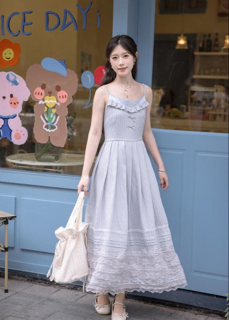 Mori Kei Strap Dress V-neck Dress With Multiple colors 36210:524136