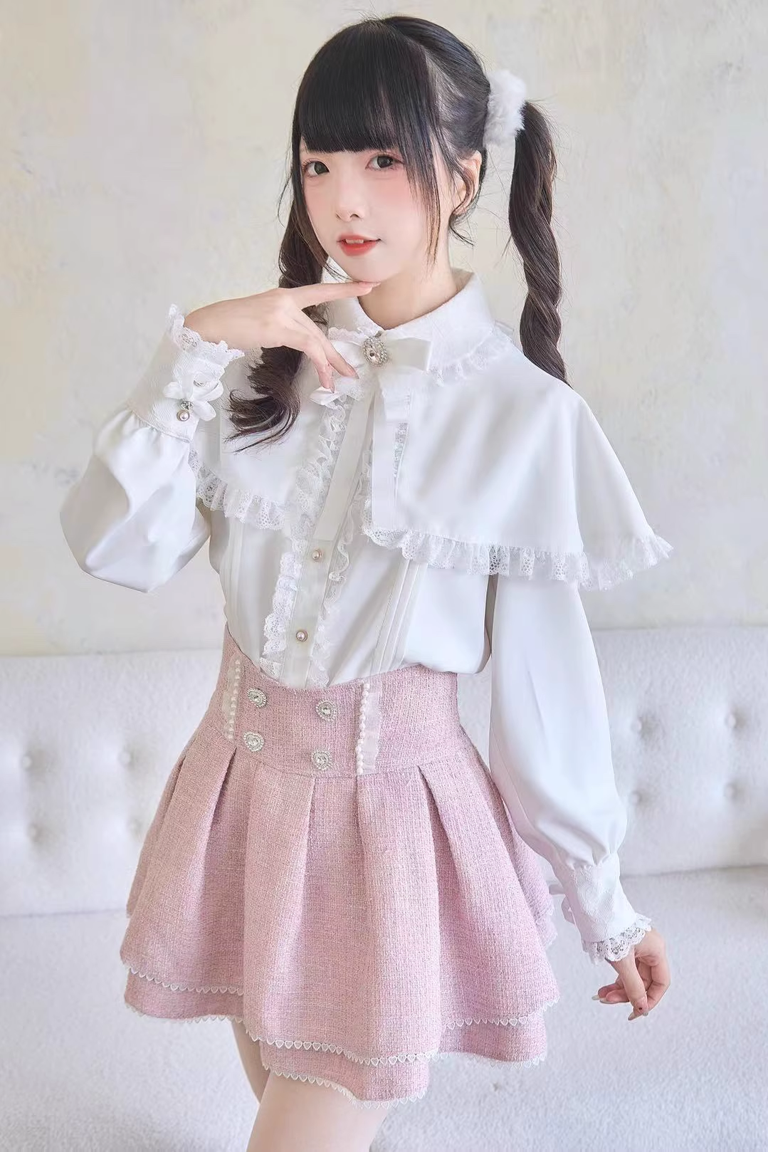 Jirai Kei Blouse Cape Style Blouse Lace Trim Shirt (White / L M) 41438:714676