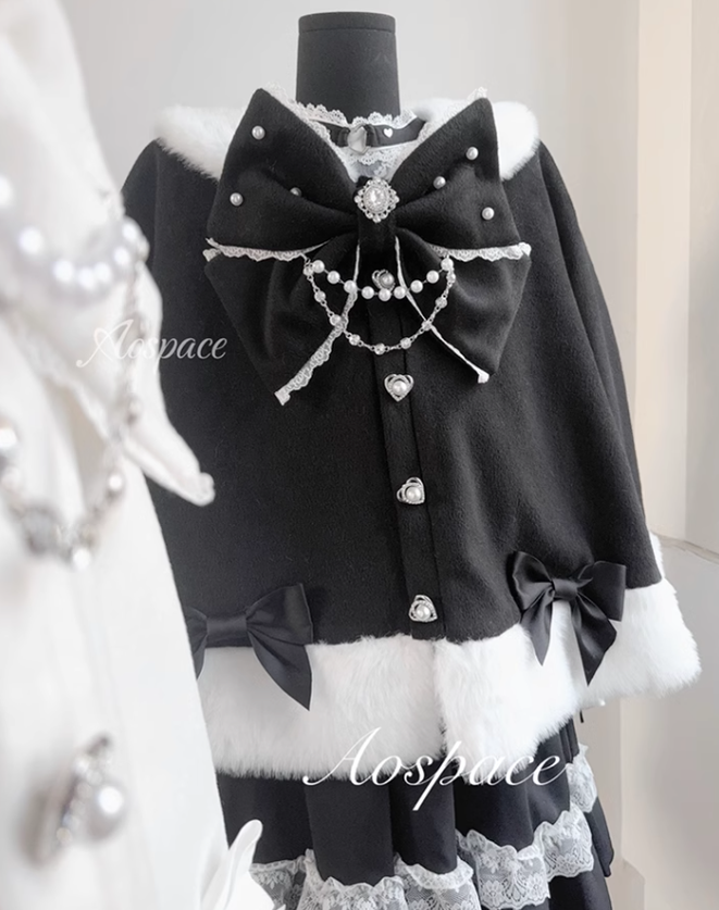 Jirai Kei Cape Plush Coat With Rhinestone Bow Knot 42149:731002