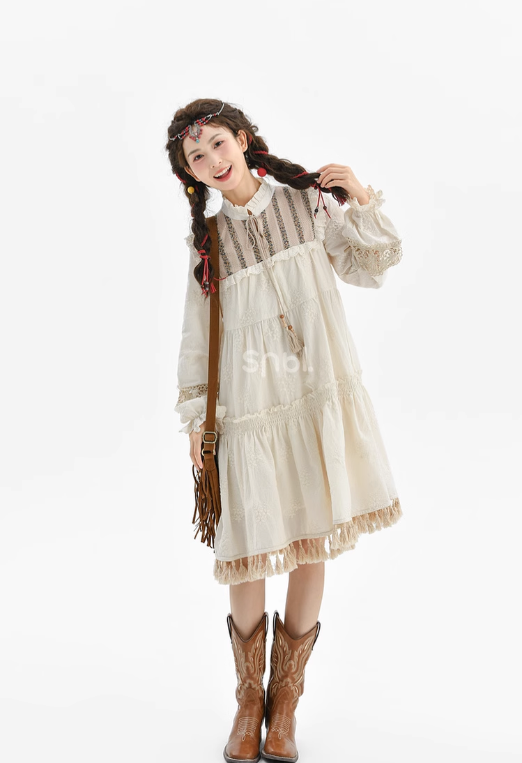 Mori Kei Dress Set Bohemian Vest With Tassels Ethnic Dress 39268:645124