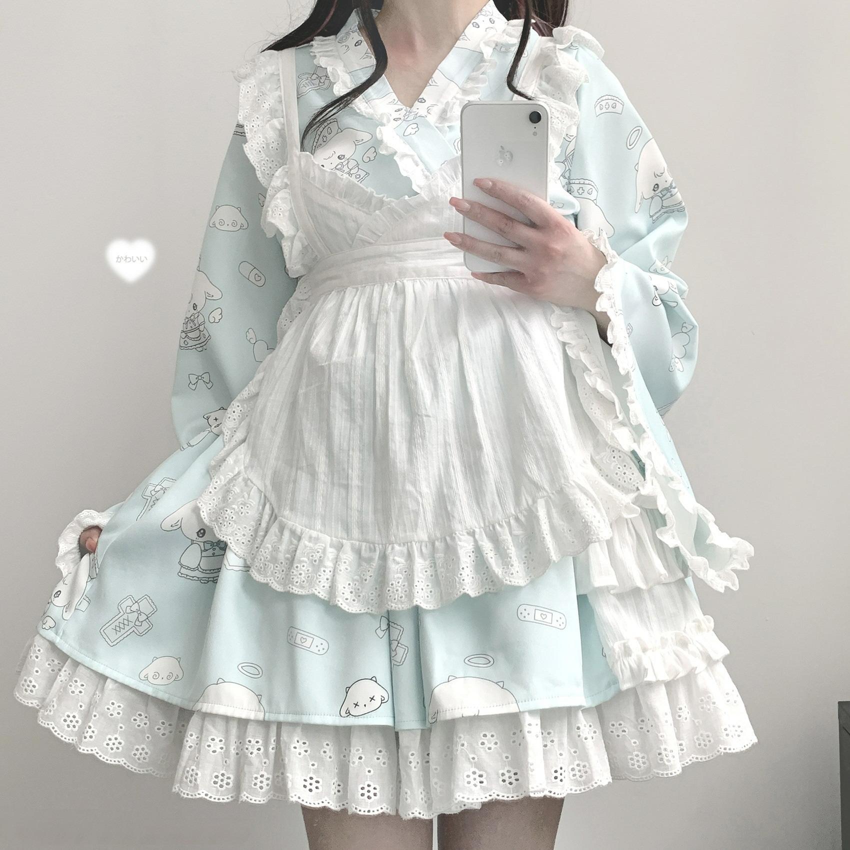 Patchwork Skirt Kimono Top White Apron Three-Piece Set