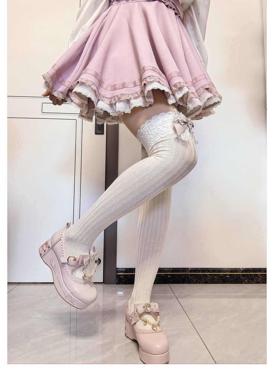 Jirai Kei Over-the-Knee Knit Socks, Bow & Lace 46069:875528
