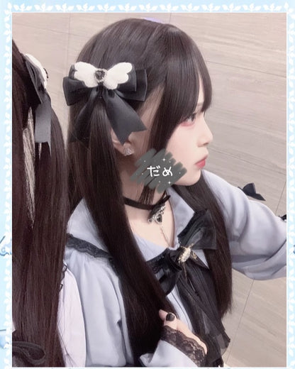 Jirai Kei Kawaii Black and Water Color Bow Hair Clip 21664:314980