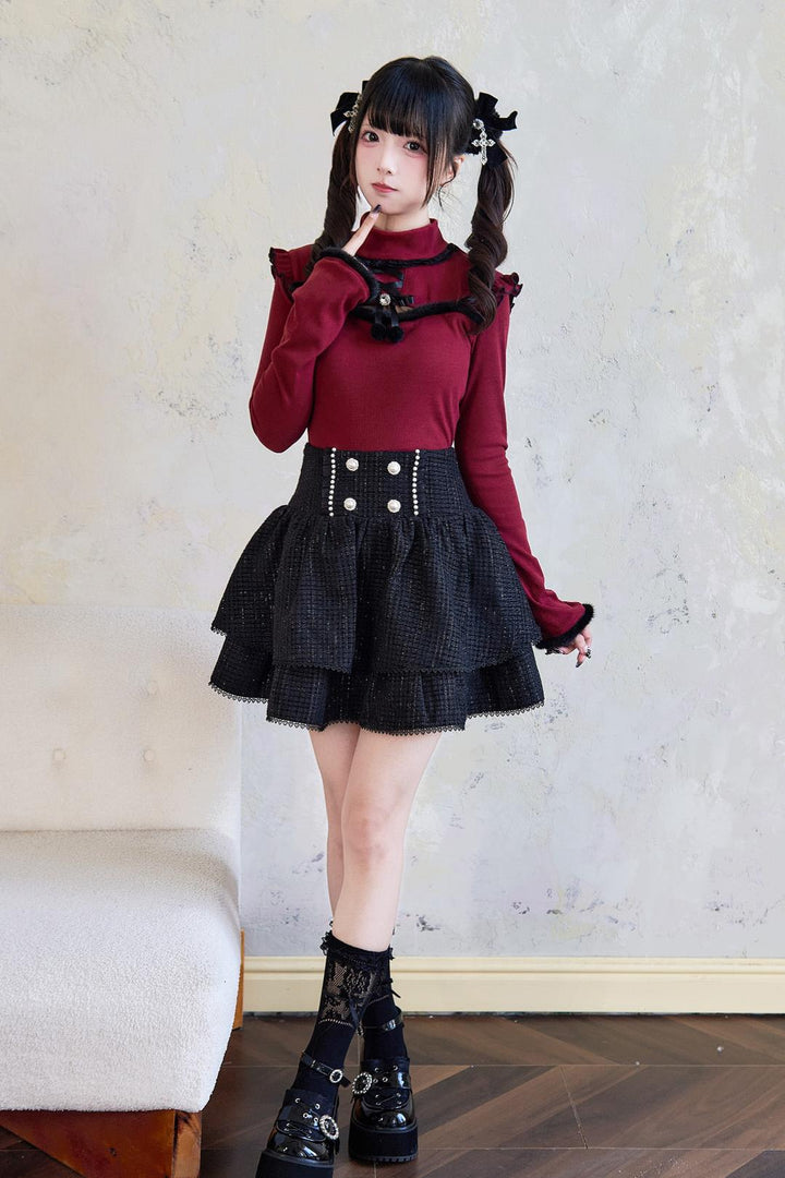 Jirai Kei Sweater Bow Decoration Knit Fleece Frill Top 41404:696644