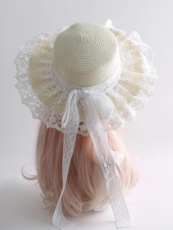 Mori Kei Sunhat Country Lolita Lace Frill Straw Hat With Ribbon Bow 42248:735445