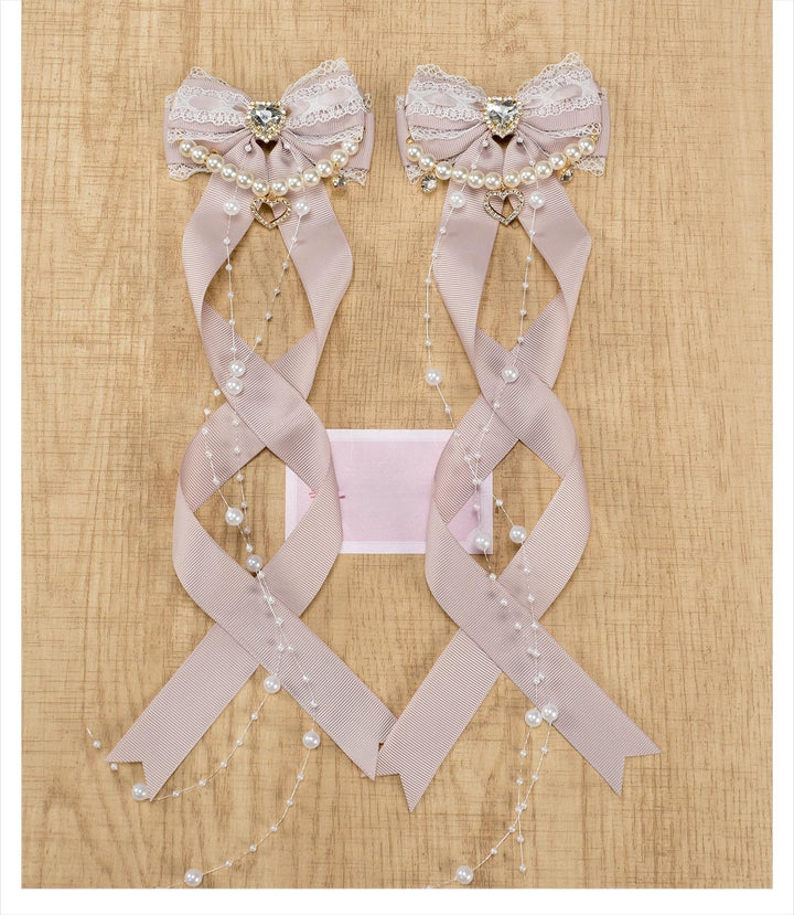 Jirai Kei Bow Hair Clip, Heart Rhinestone, Pearl Chain, Lace Trim (Pair) 43501:778524