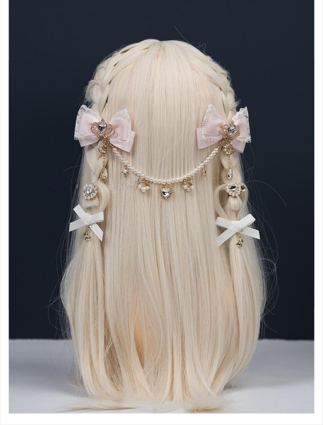 Jirai Kei Bow Hair Clips, Rhinestone Crown and Pearl Chain 44194:802752