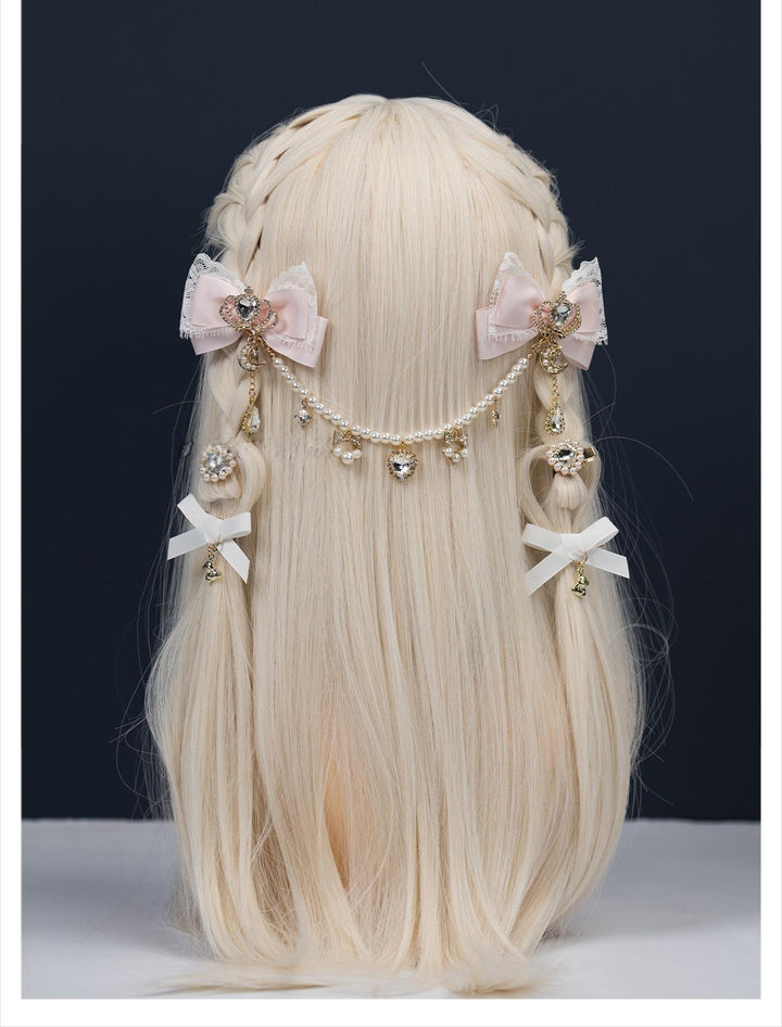 Jirai Kei Bow Hair Clips, Rhinestone Crown and Pearl Chain 44194:802752