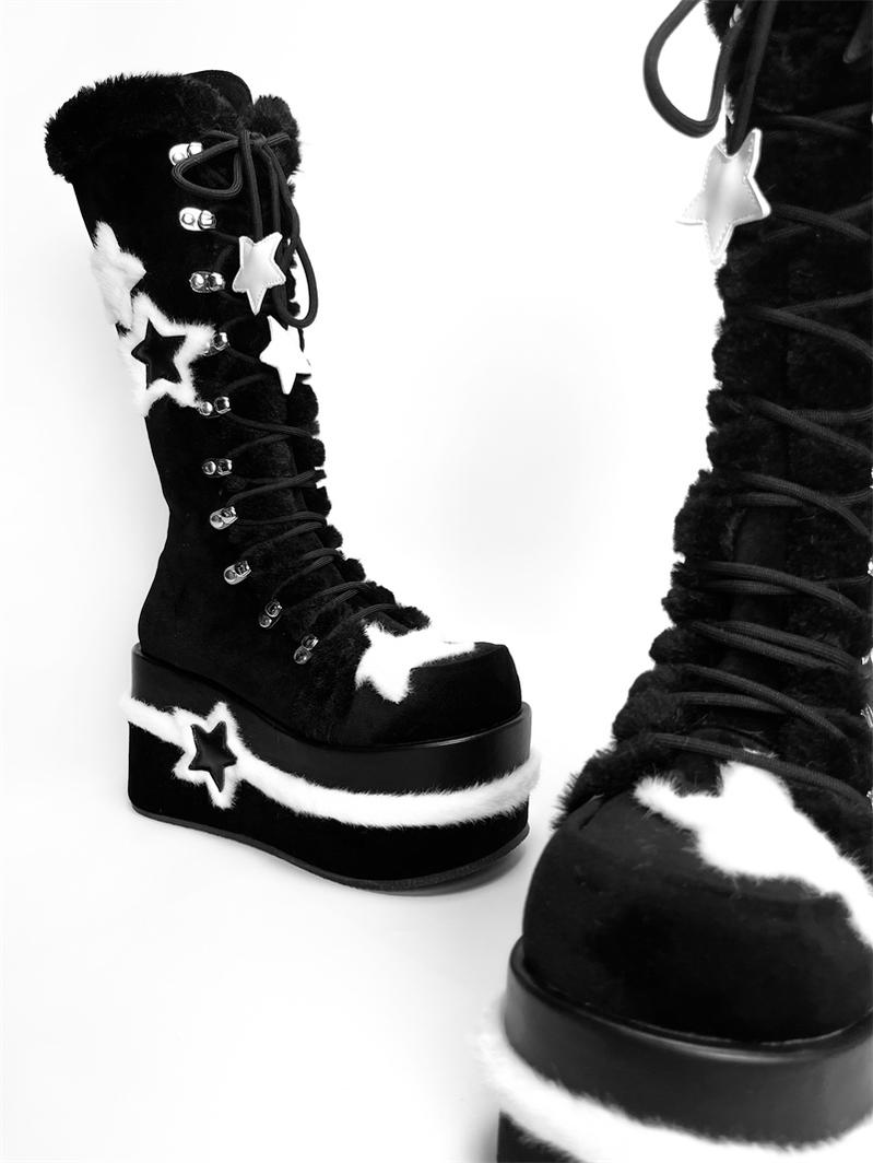 Y2K Platform Shoes Black Plush Combat Boots 33824:439596 33824:439596