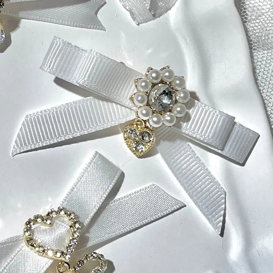Jirai Kei Bow Hair Clips Set, Rhinestone & Pearl Accent 45776:866483