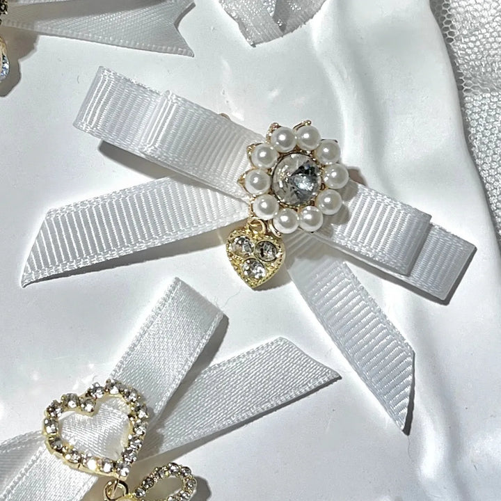 Jirai Kei Bow Hair Clips Set, Rhinestone & Pearl Accent 45776:866483