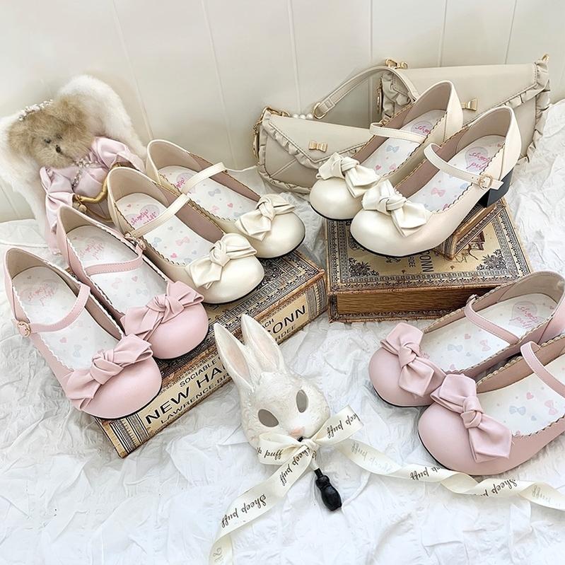 Lolita Shoes Round Toe Pink Shoe Butterfly Bow Beige Shoes 37596:602438