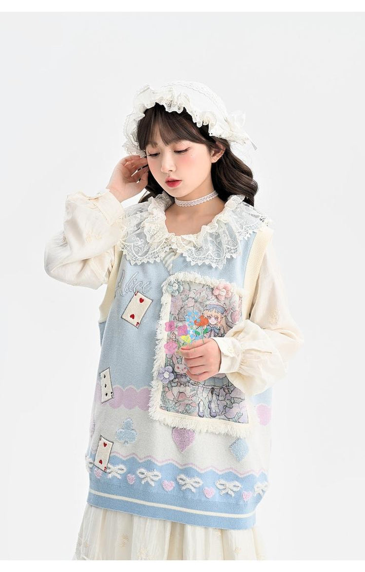 Mori Kei Sweatshirt Alice Print Blue Hoodie Autumn Vest 39316:650084