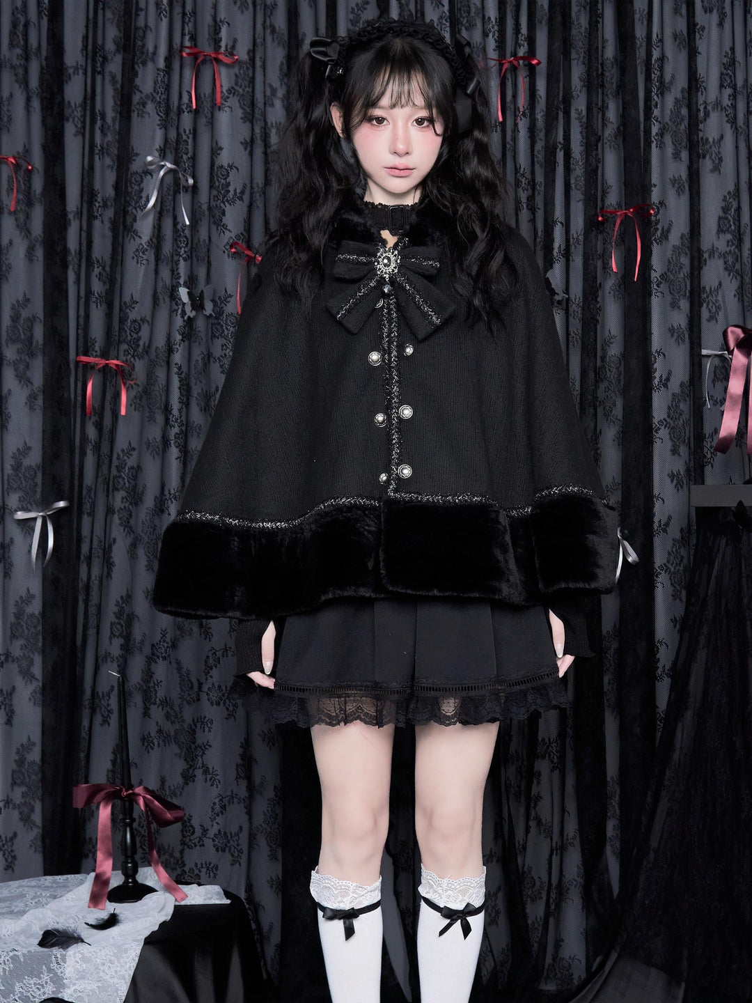 Jirai Kei Cloak Hood Cape Winter Coat Plush Hem 40394:669534