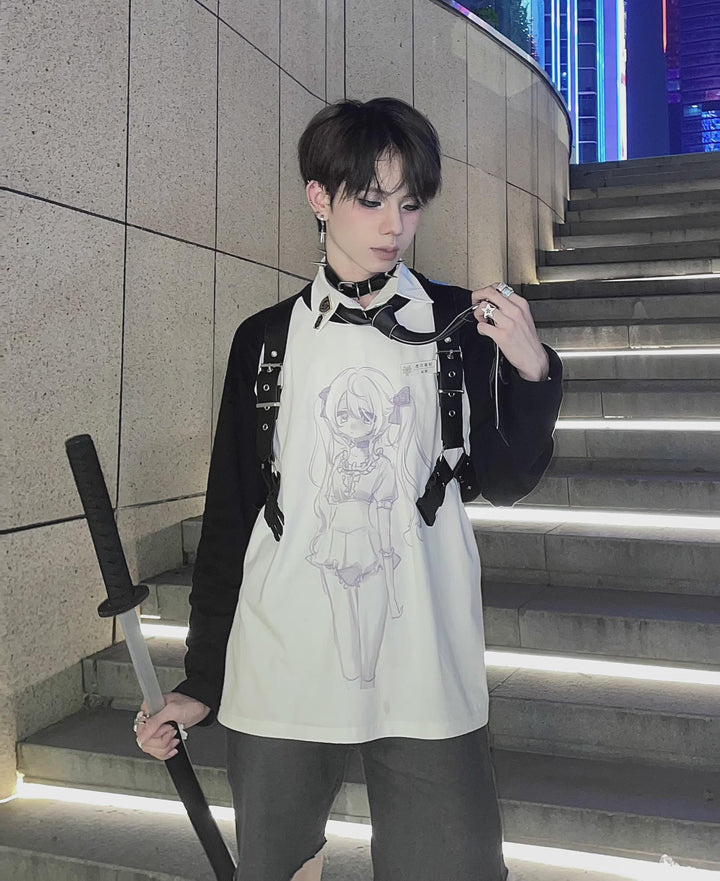 Kawaii Subculture Black White Round Collar Shirt 29176:341170 29176:341170