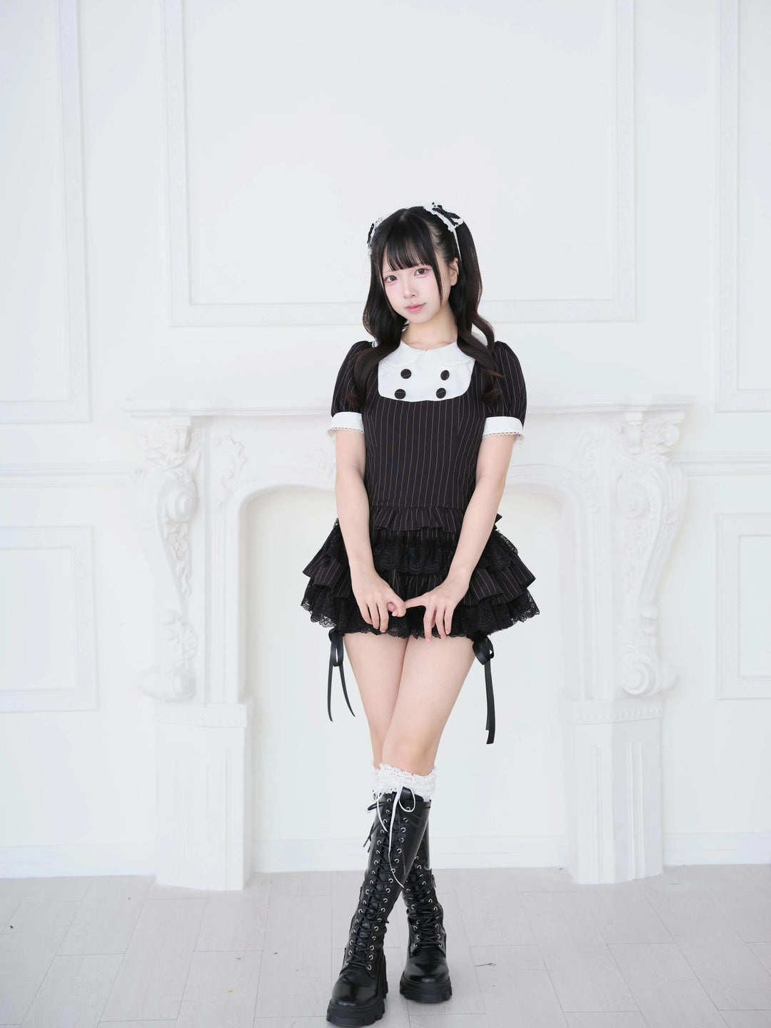 Jirai Kei Black Striped Top, Tiered Skort with Bows 45801:864161