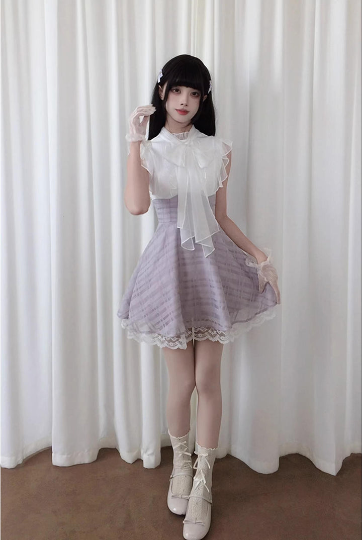 Sleeveless Seiso Kei High-Waist Dress, Purple Plaid Hem (L M S) 44974:834225
