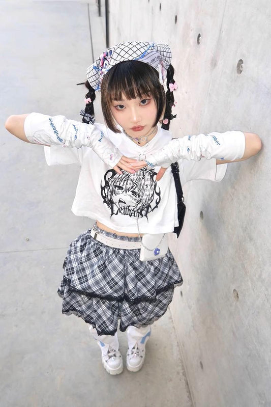 Harajuku Fashion Black White Skirt Plaid Lace Hem Tiered Skirt 34486:500906