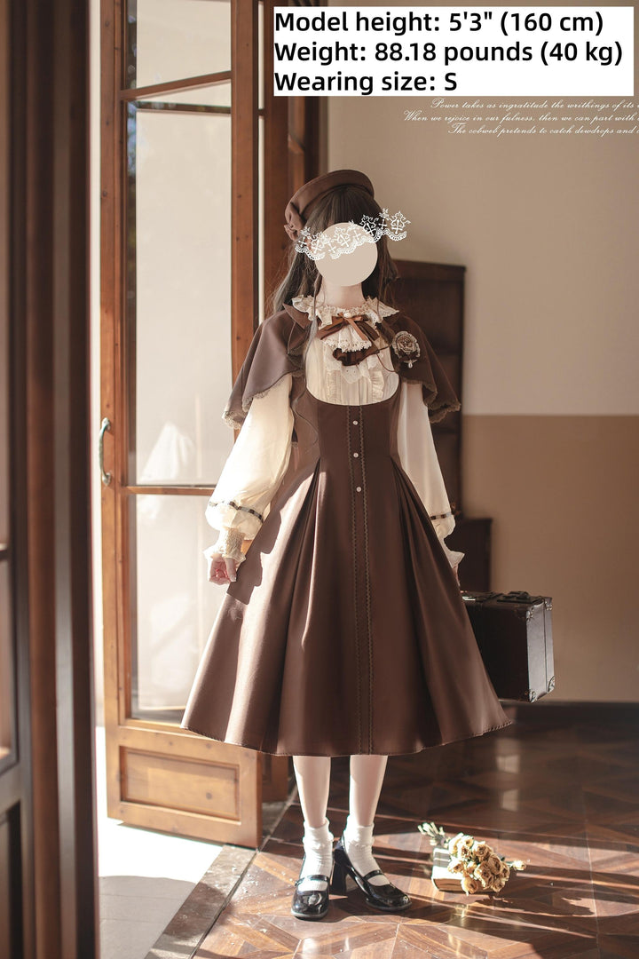Elegant Lolita Brown and Beige OP Dress Set 44124:797986