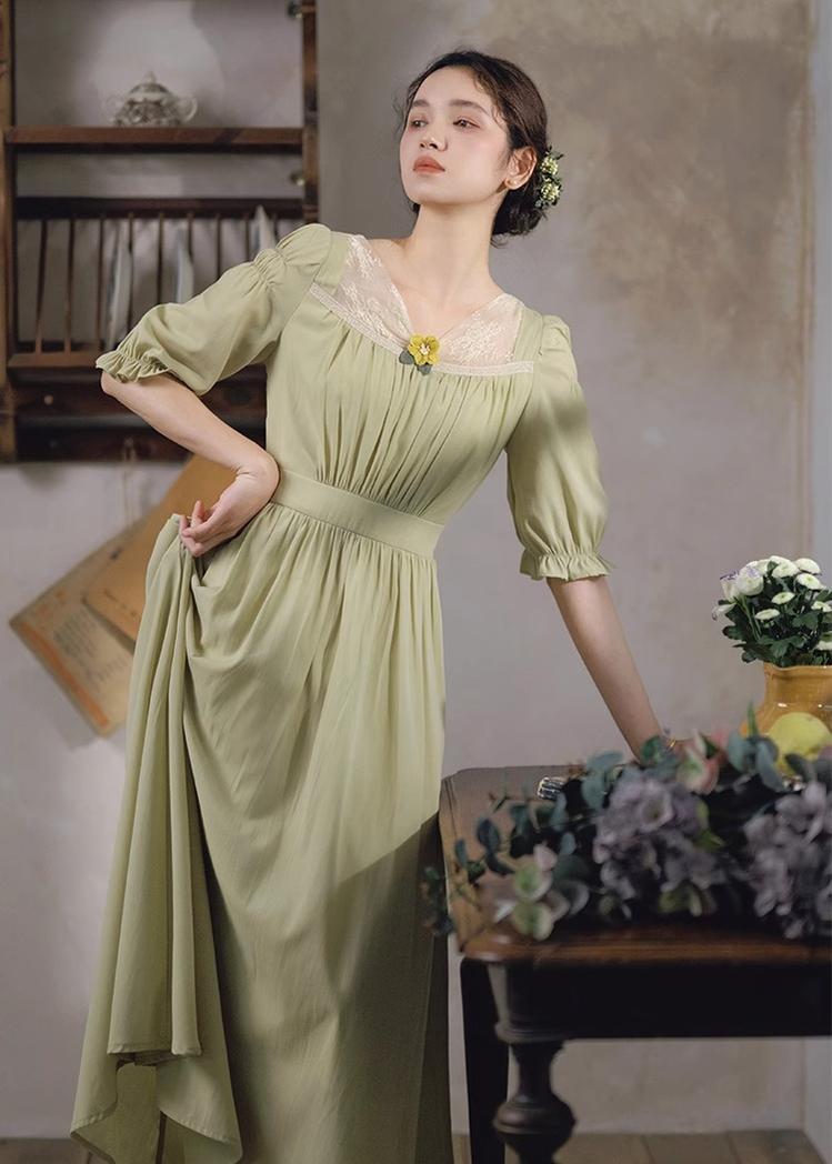 Mori Kei Dress Elegant Dress Matcha Green Lace Trim Dress 36344:547226