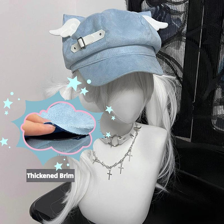 Jirai Kei Hat Blue Black Detachable Wings Cat Ear Beret (M) 40038:802477