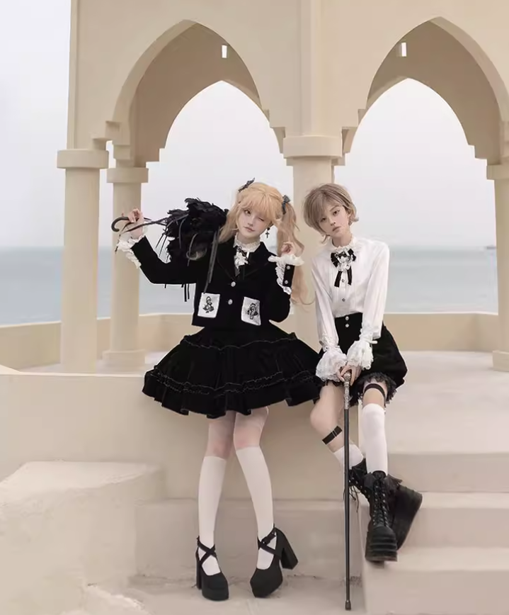 Ouji Lolita Prince Outfit Set Black Skirt Velvet Shorts Set 39368:631984