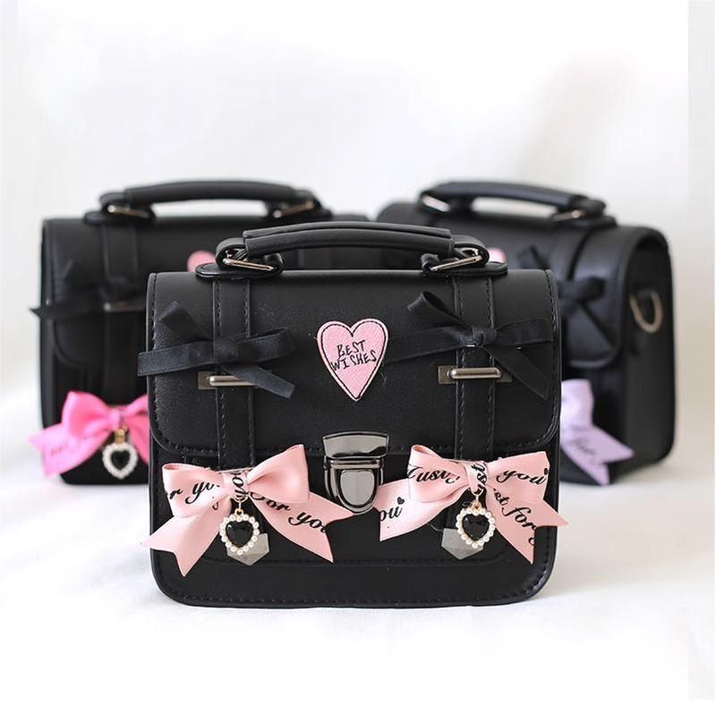 Jirai Kei Black Bag Bows Leather Shoulder Bag 33802:449858 33802:449858