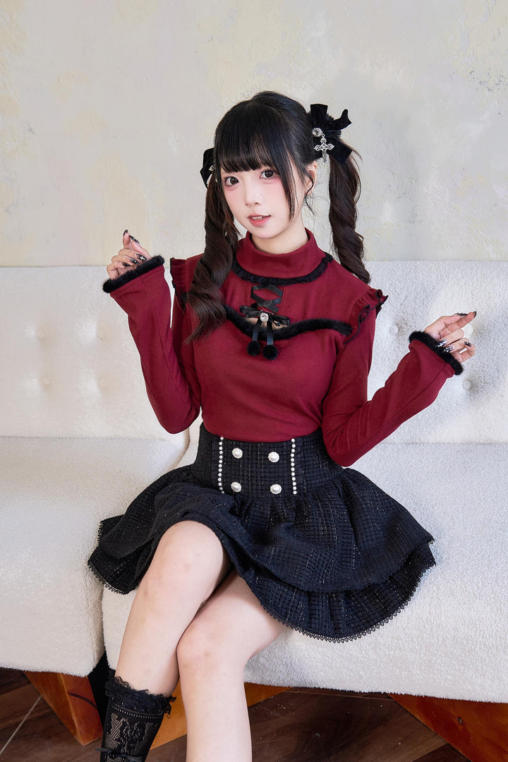 Jirai Kei Sweater Bow Decoration Knit Fleece Frill Top 41404:696668