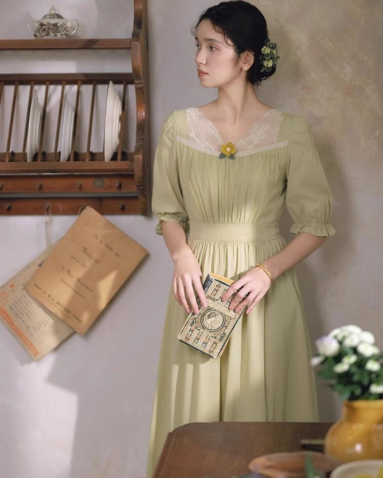 Mori Kei Dress Elegant Dress Matcha Green Lace Trim Dress 36344:547252