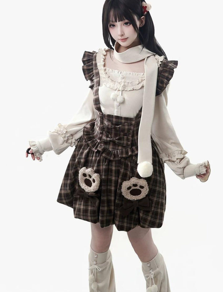 Winter Plaid Suspender Bubble Skirt, Bear Ear Plush Cape 45991:872200