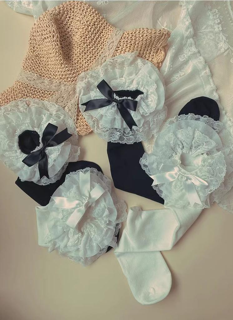 Lolita Socks Layers Lace Frill Cotton Mid-Calf Socks With Bows 42243:734840