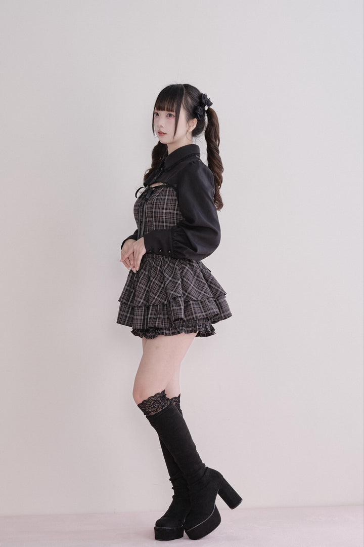 Jirai Kei Plaid Dress Set, Tiered Ruffles 44594:815620