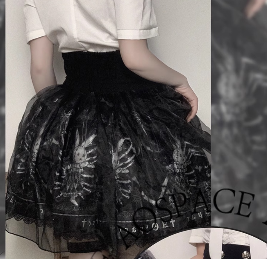 Black Lolita Skirt High-Waisted Print Skirt With Lace Trim 37562:563920