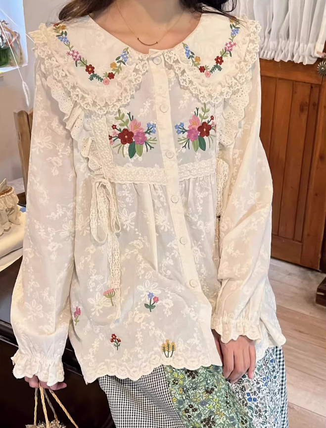 Mori Kei Blouse Flower Embroidery Shirt Anti-aging Top 36218:524748