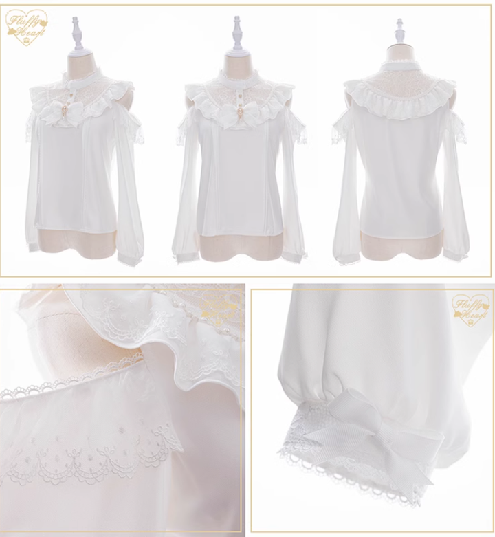 Lace Off-Shoulder Jirai Kei Blouse With Bow Brooch 41684:732843