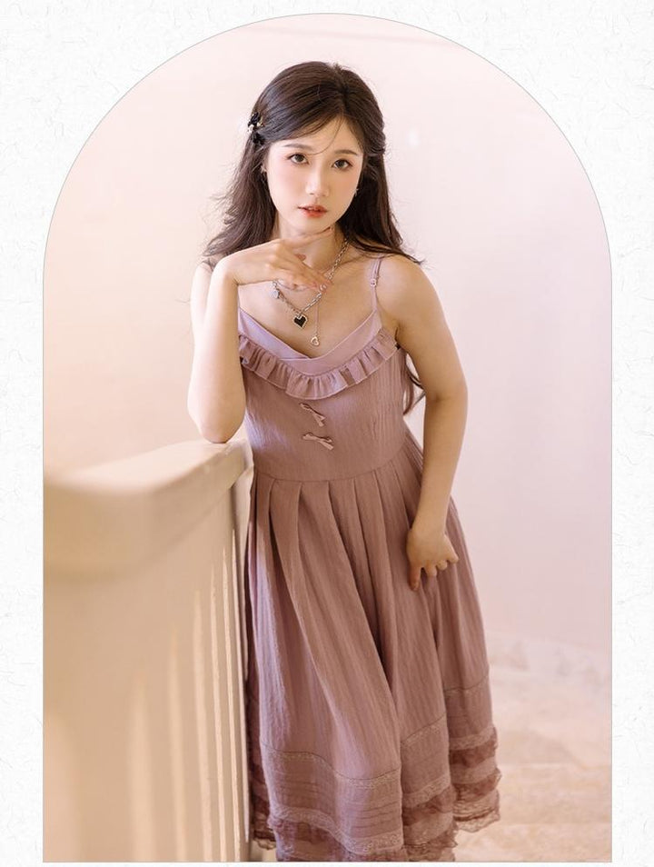 Mori Kei Strap Dress V-neck Dress With Multiple colors 36210:524094 36210:524094