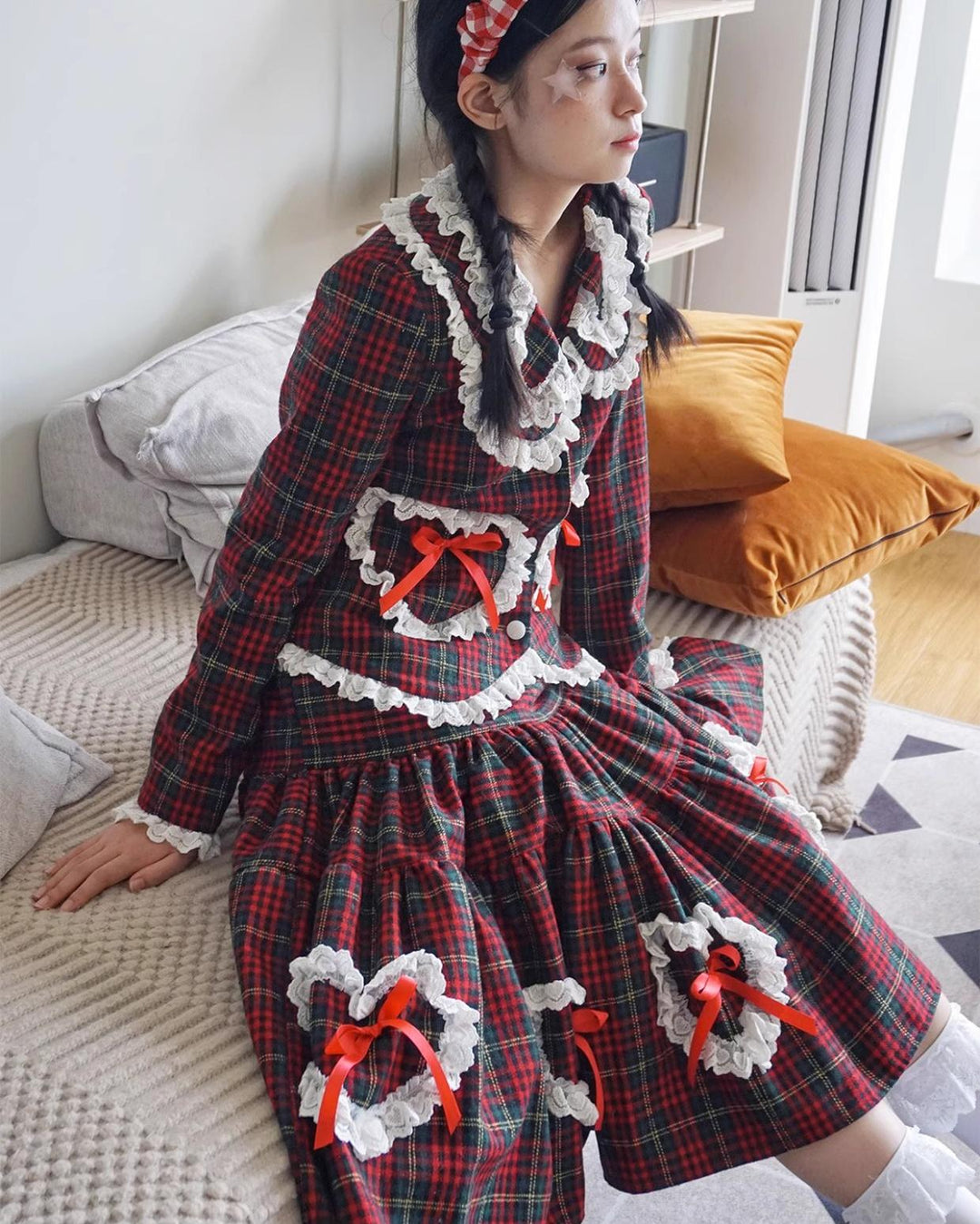 Retro Lolita Skirt Showa Christmas Winter Red Plaid Skirt 40316:662982