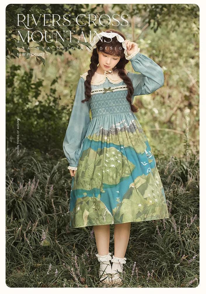 Lolita Dress Rivers Cross Mountains Print Lolita Dress Set 39412:627194