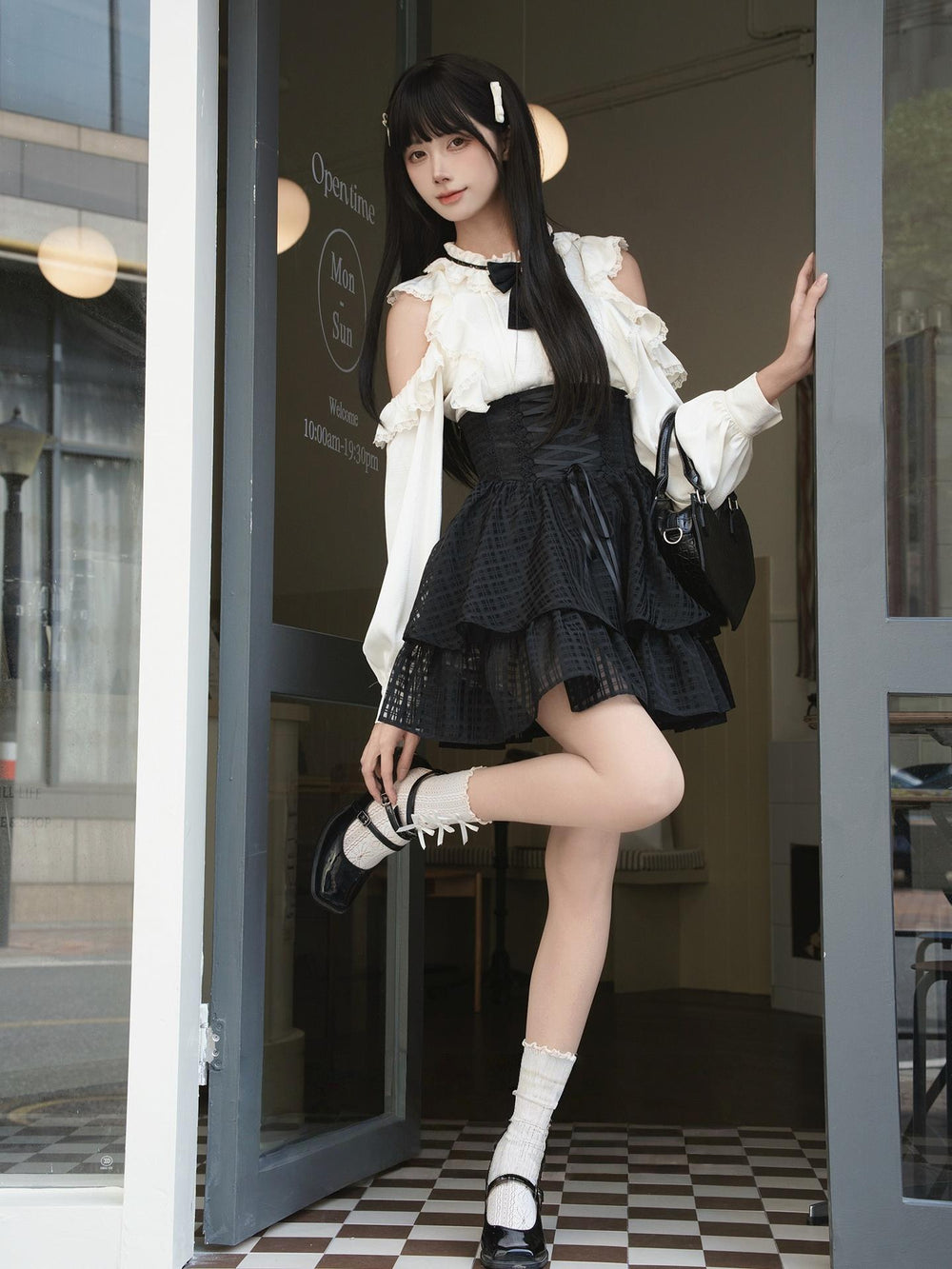 Open-Shoulder Blouse, High-Waisted Plaid Skirt 44297:804761